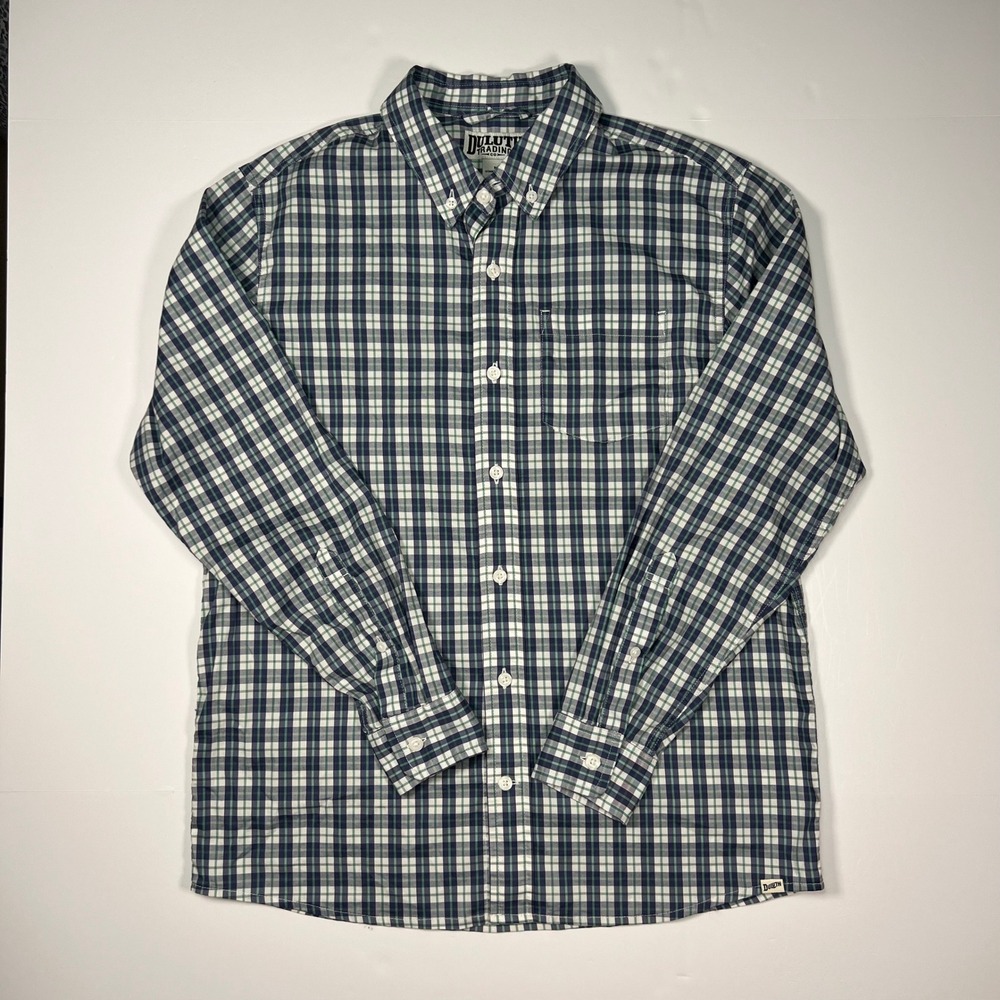 Duluth Trading Co Button Down Men M Blue Green Plaid Untucked Stretch